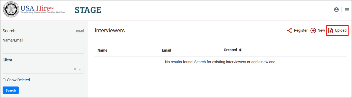 Screenshot of the Interviewers tab highlighting the upload button