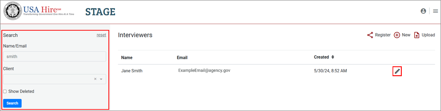 Screenshot of the Interviewers tab highlighting the search area and how to open the user record