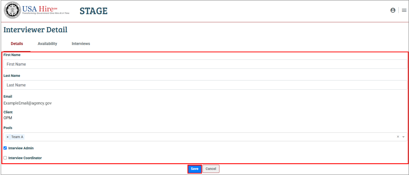 Screenshot of the Interviewer Detail page highlighting the Details tab