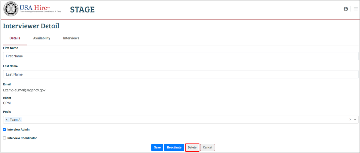 Screenshot of the Interviewer Detail page highlighting the Delete button
