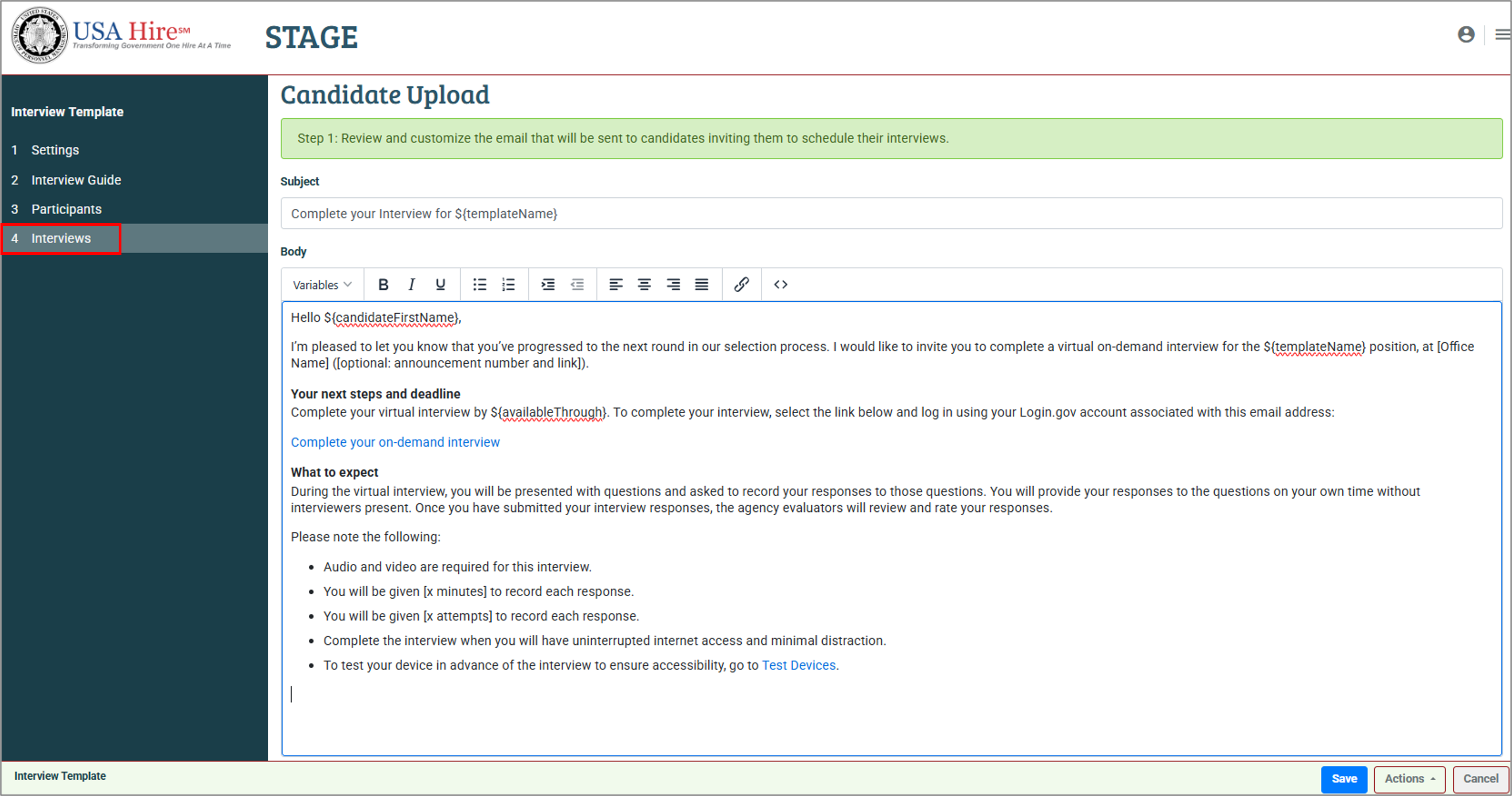 Screenshot of the Interviews tab highlighting the candidate email template