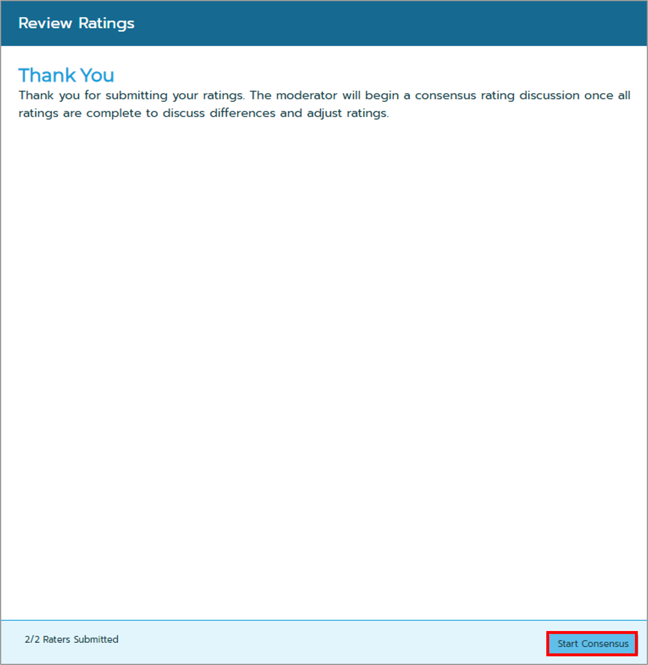 Screenshot of the Review Rtaings page highliting the Start Consensus button