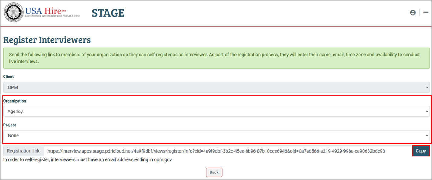 Screenshot of the Register Interviewers page highlighting the Organization and Project fields