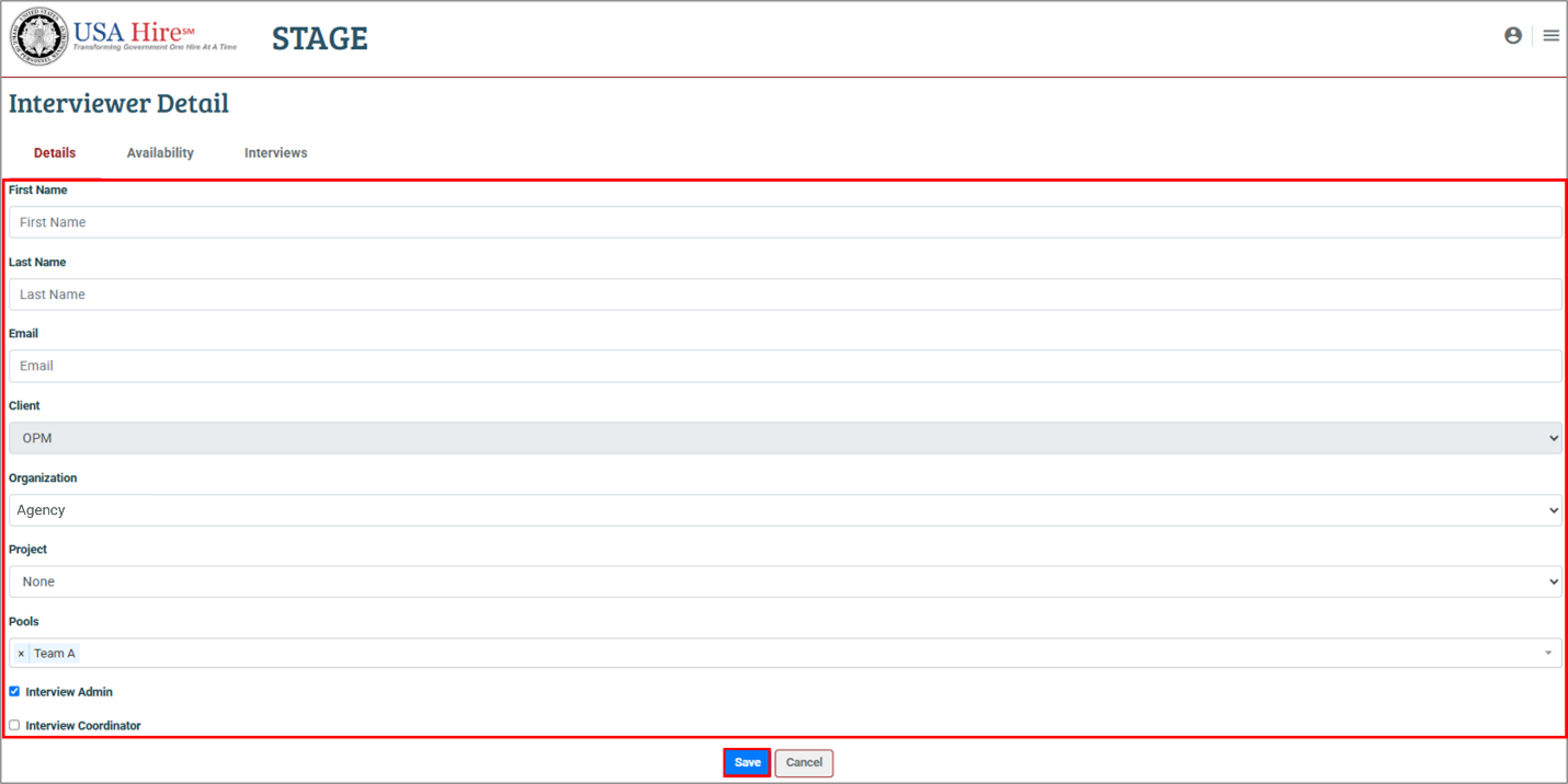 Screenshot of the Interviewer Detail page highlighting the details tab and the Save button