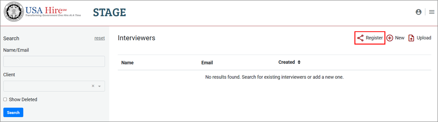 Screenshot of the Interviewers tab highlighting the Register button
