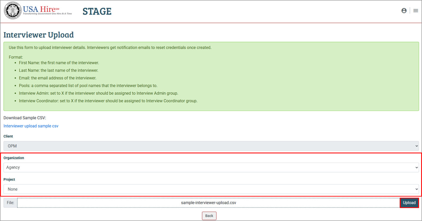 Screenshot of the Interviewer Upload page highlighting the Organization and Project fields and the Upload button