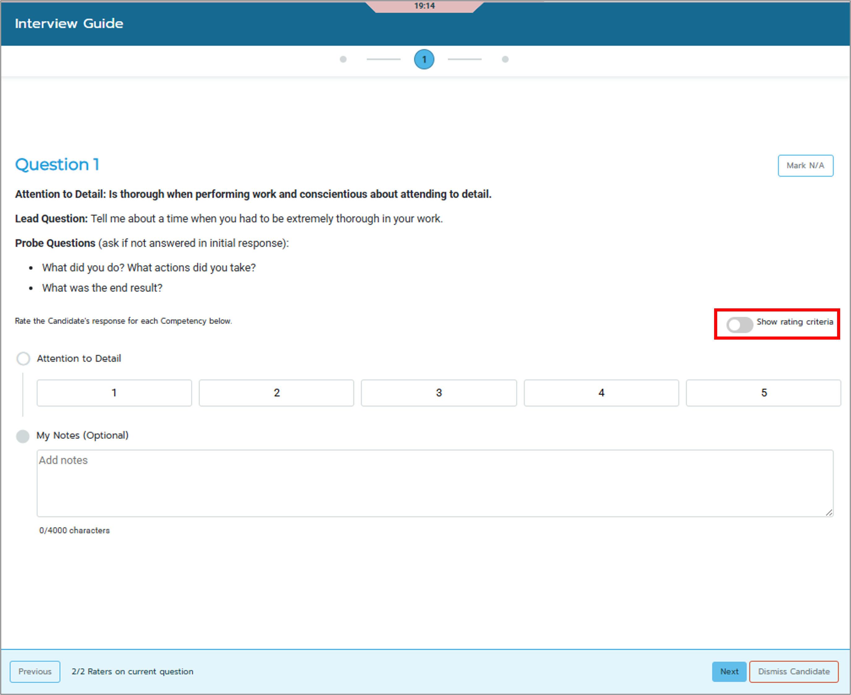 Screenshot of the Interview Interface highlighting the Show rating criteria button