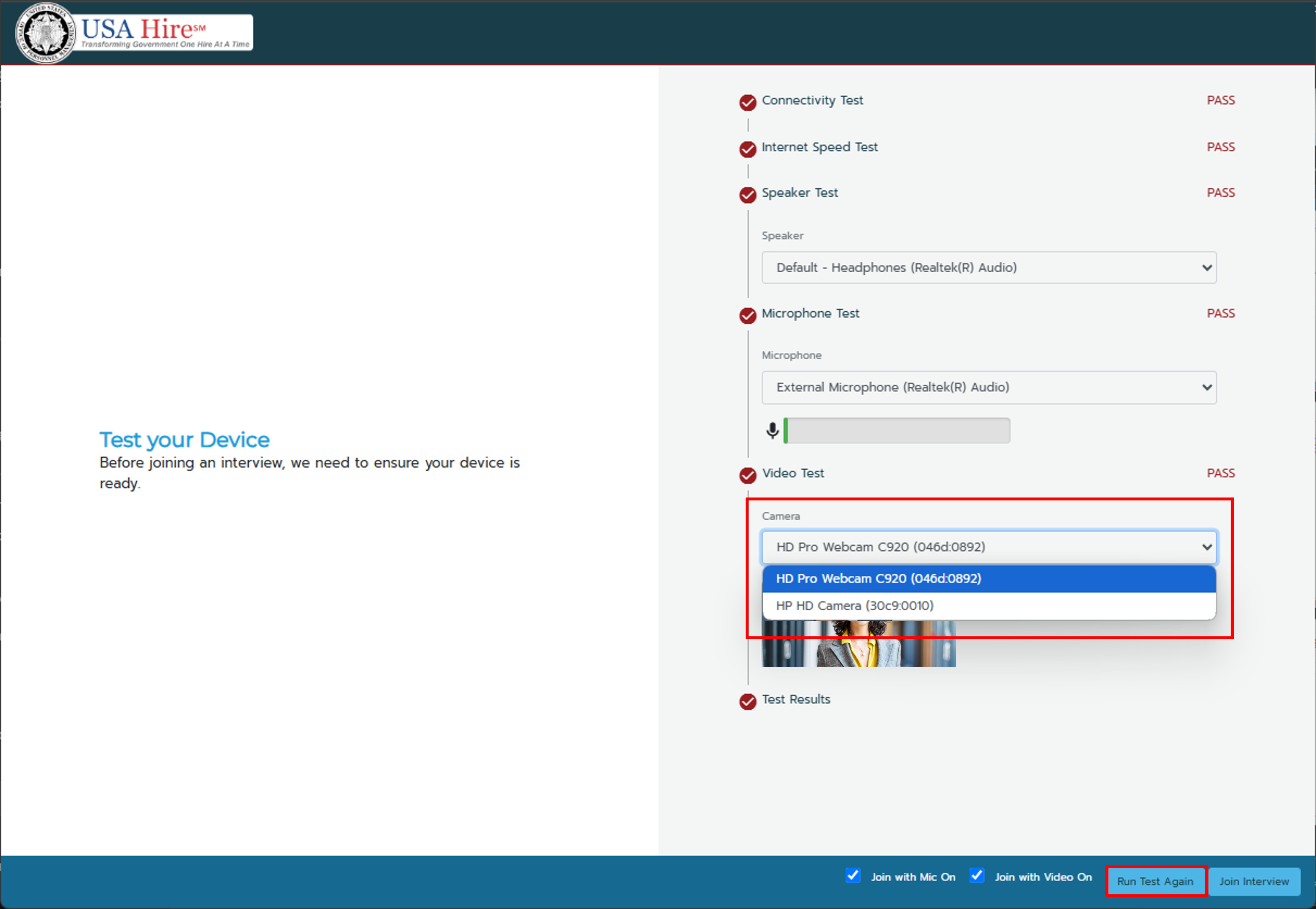 screenshot of the device check page highlighting selecting a camera