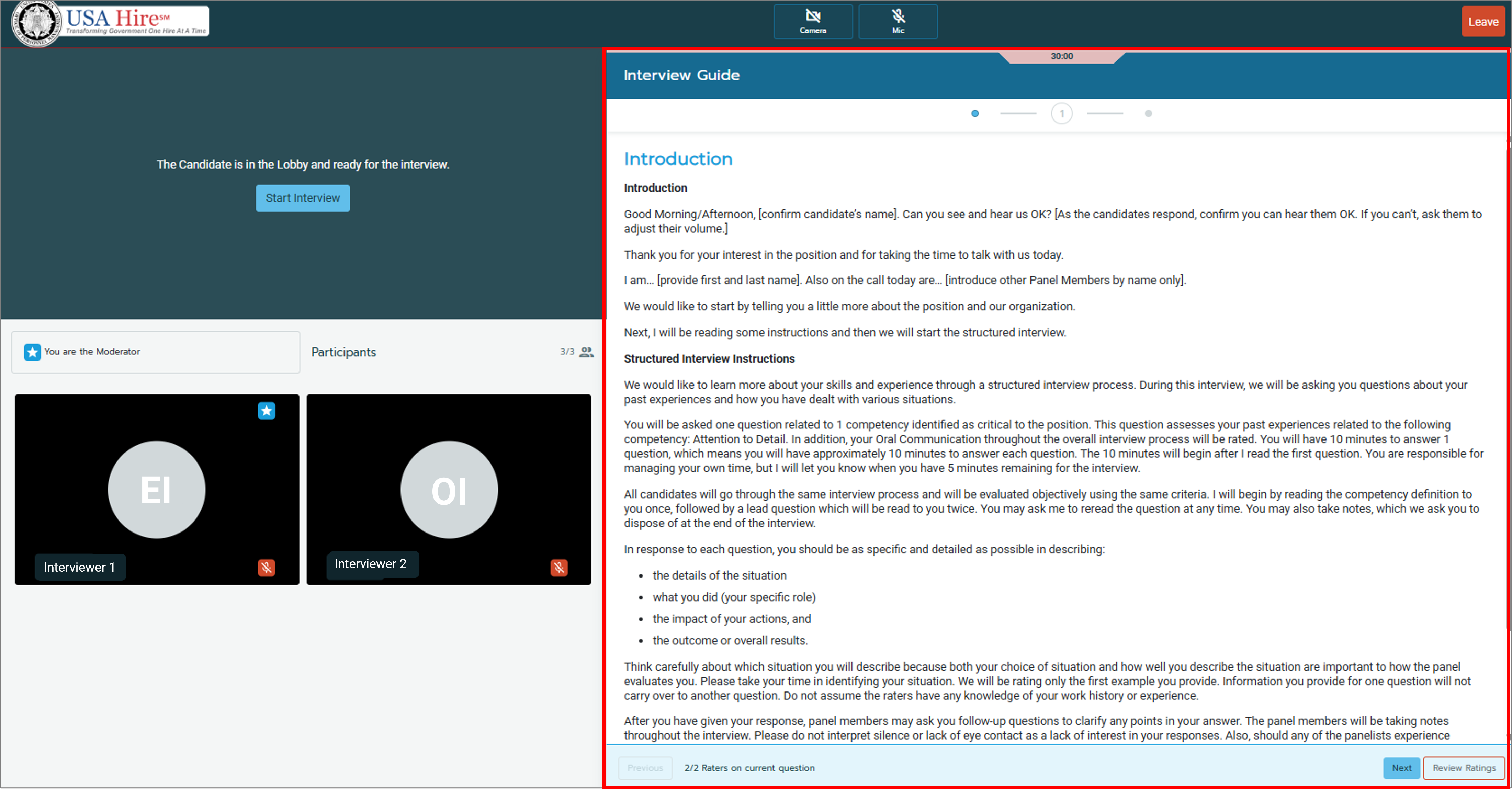 Screenshot of the live interview interface highlighting the Interview Guide.