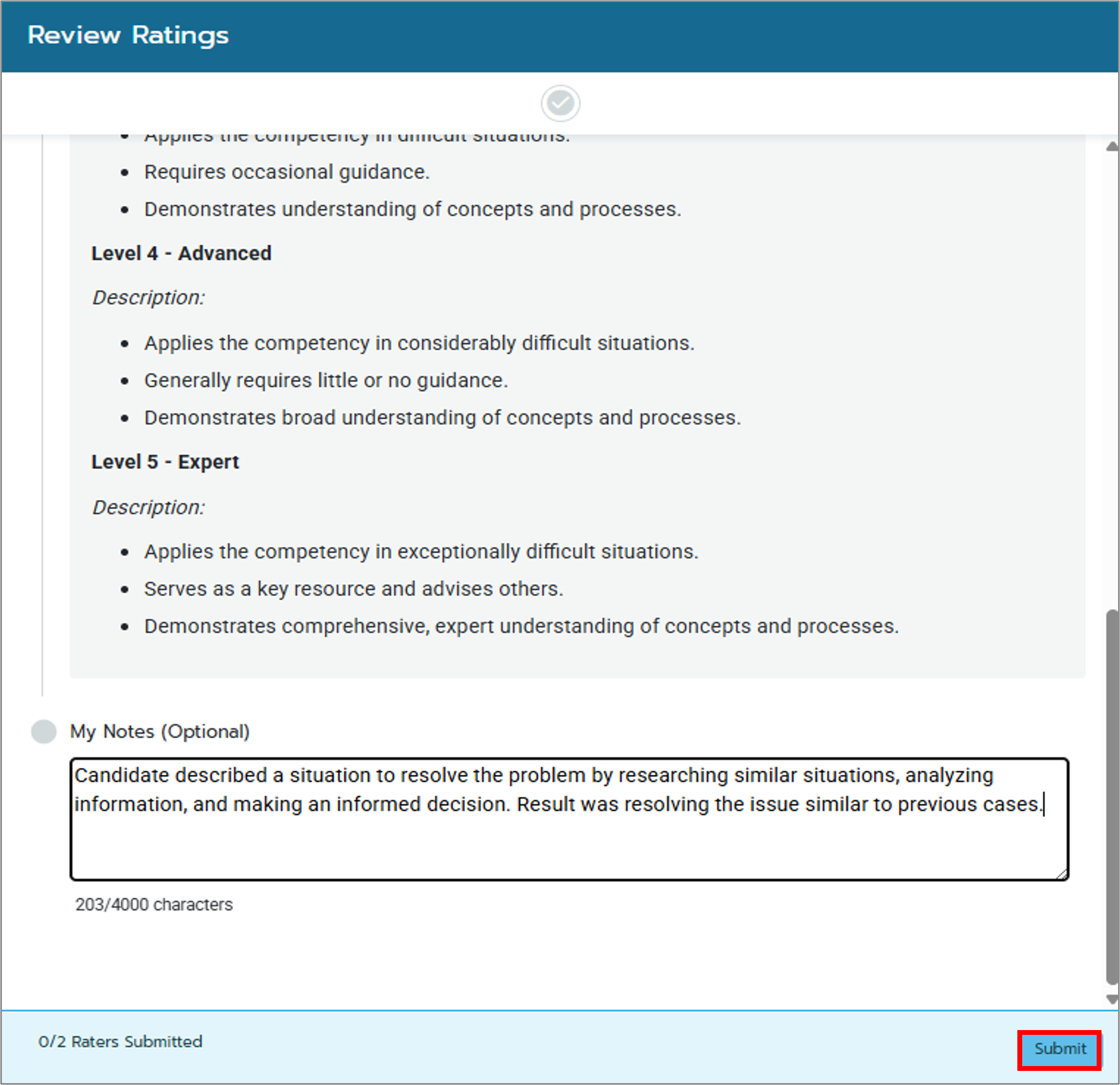 SCreenshot of the Review Ratings page highlighting how to submit ratings.
