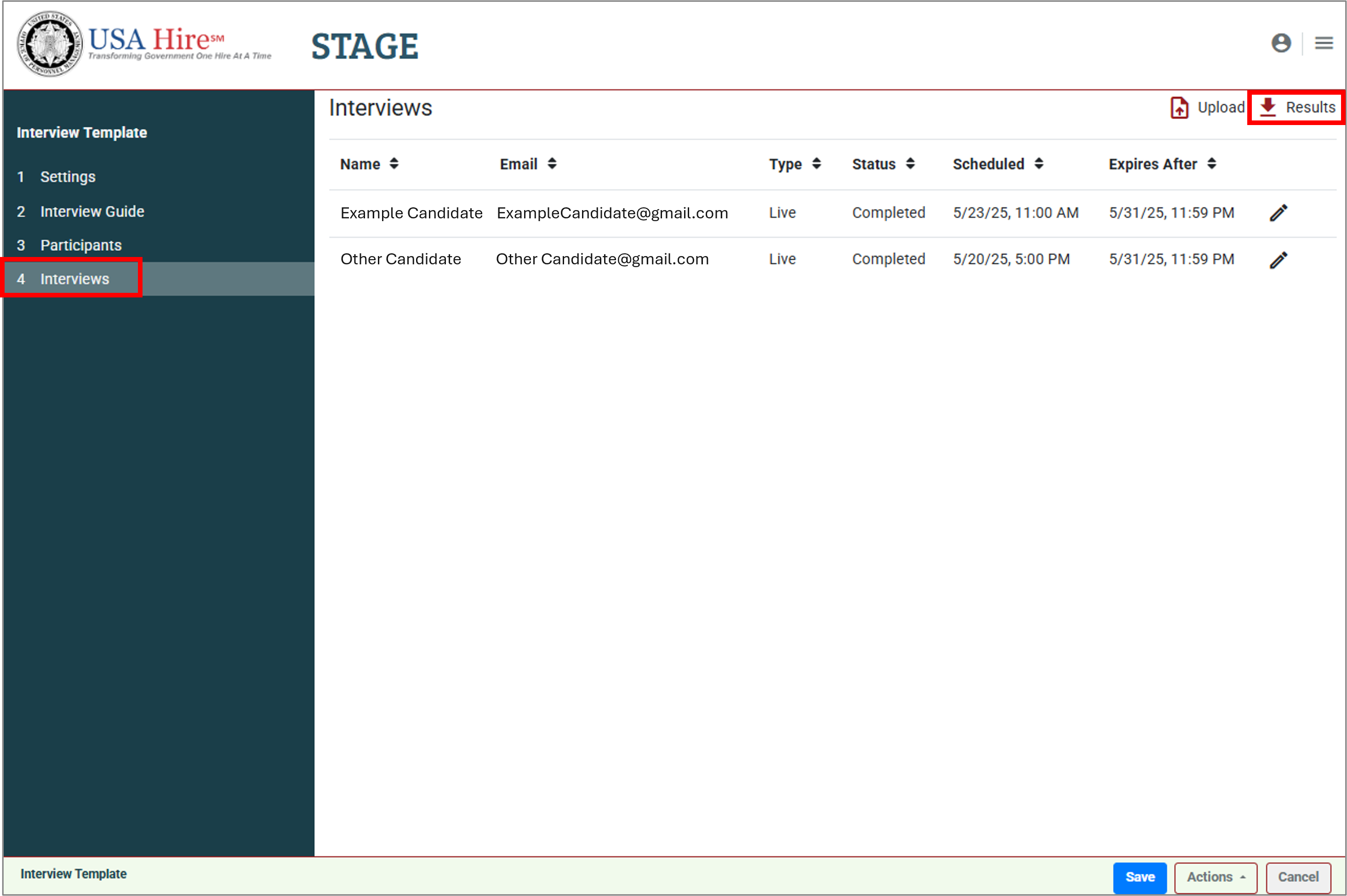 Screenshot of the Interviews tab highlighting how to download results for all candidates