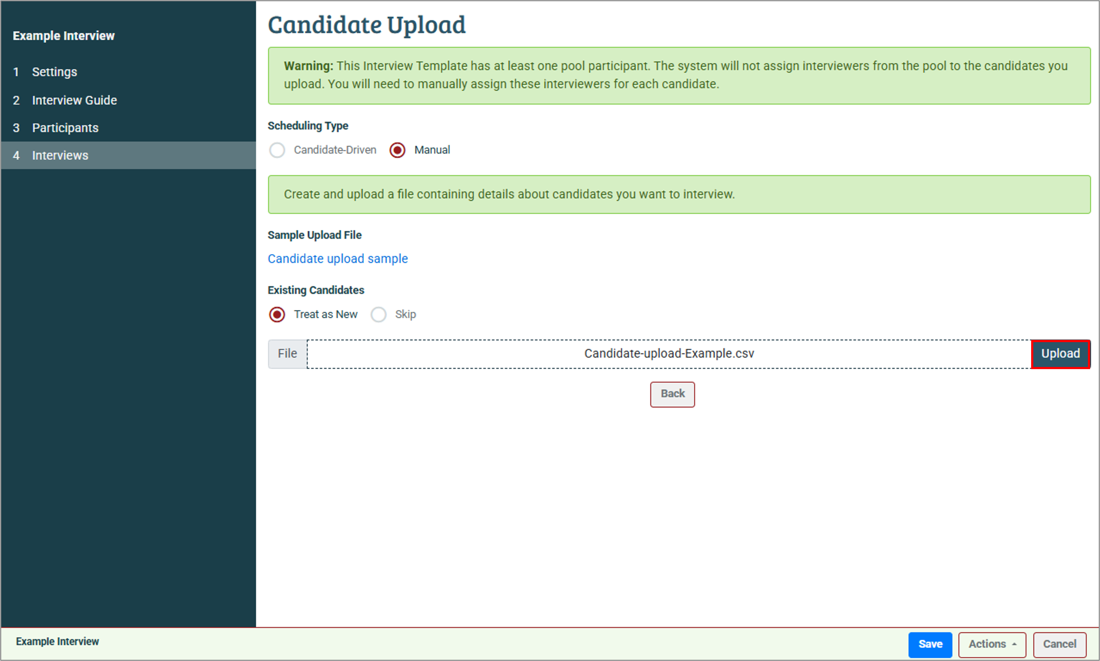 Screenshot of the Candidate Upload page highlighting the manual scheduling type and the upload button.