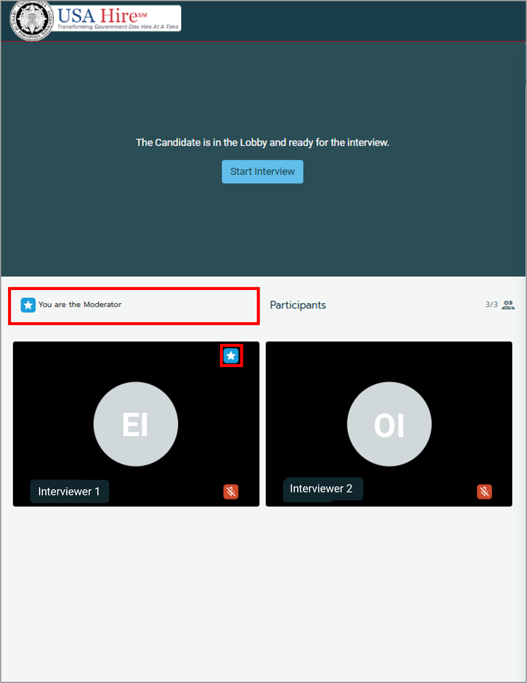 Screen shot of the live interview interface highlighting the moderator role