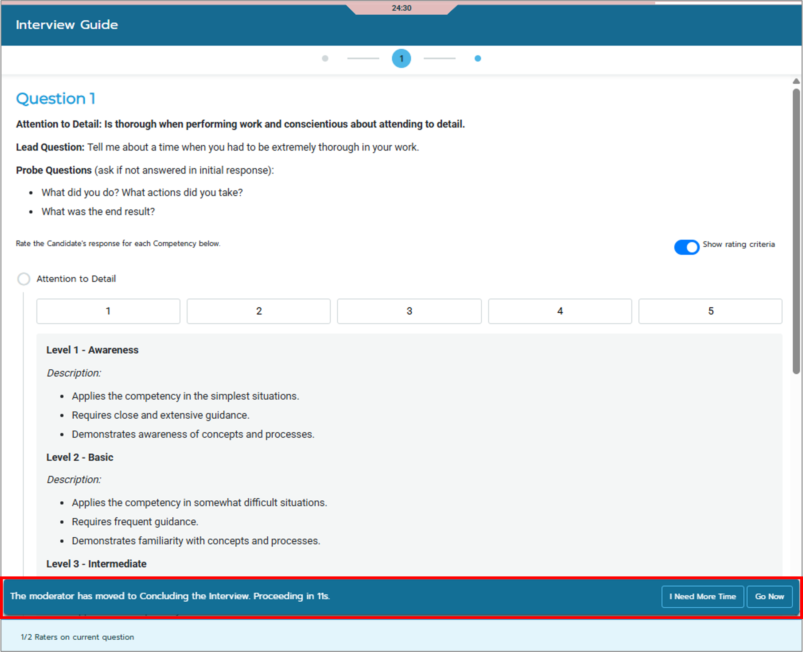 Screenshot of the live interview interface highlighting the Popup explaining the moderator has moved to the next question