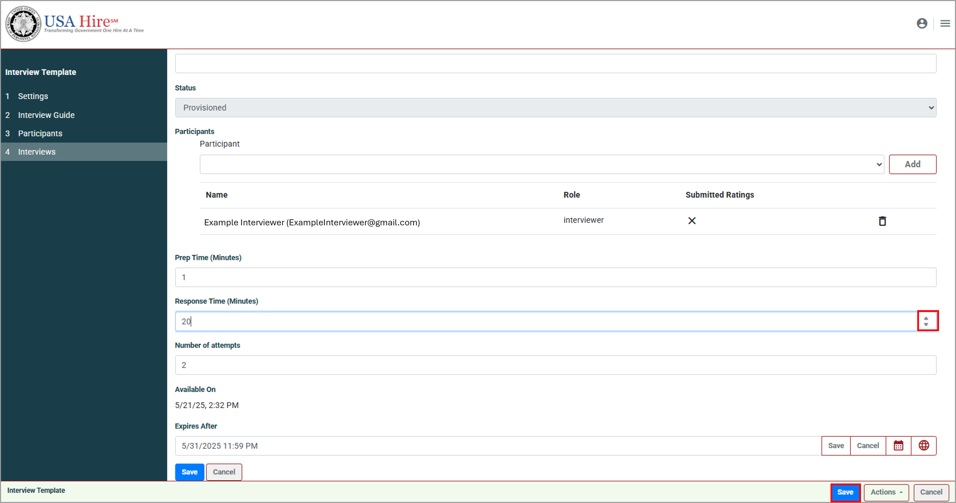 Screnshot of the Interviews tab highlighting how to grant a candidate additional time to complete an interview.