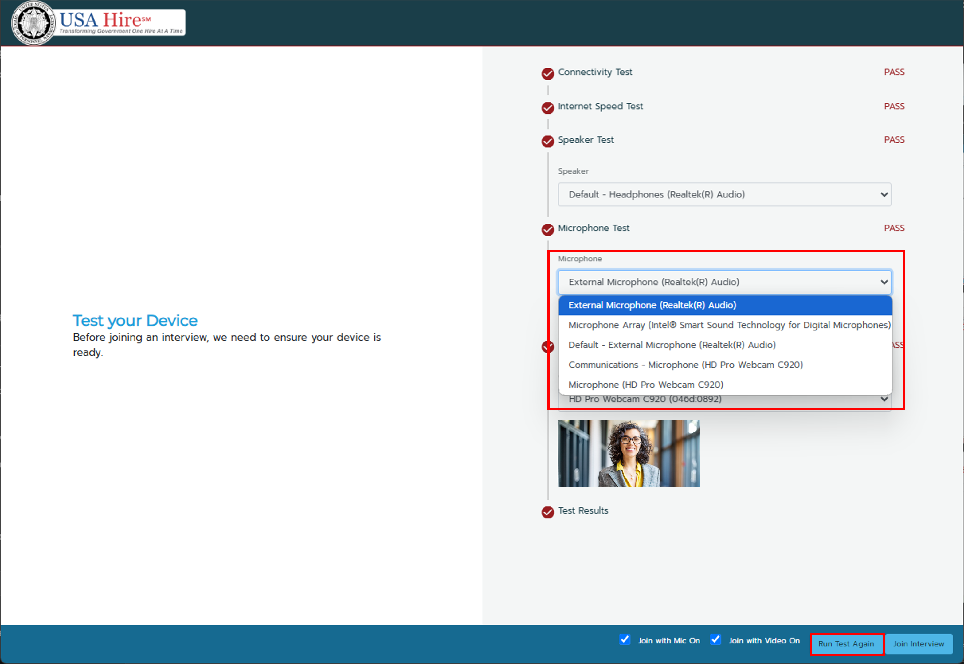 Screenshot of the Device Check page highlighting the microphone test