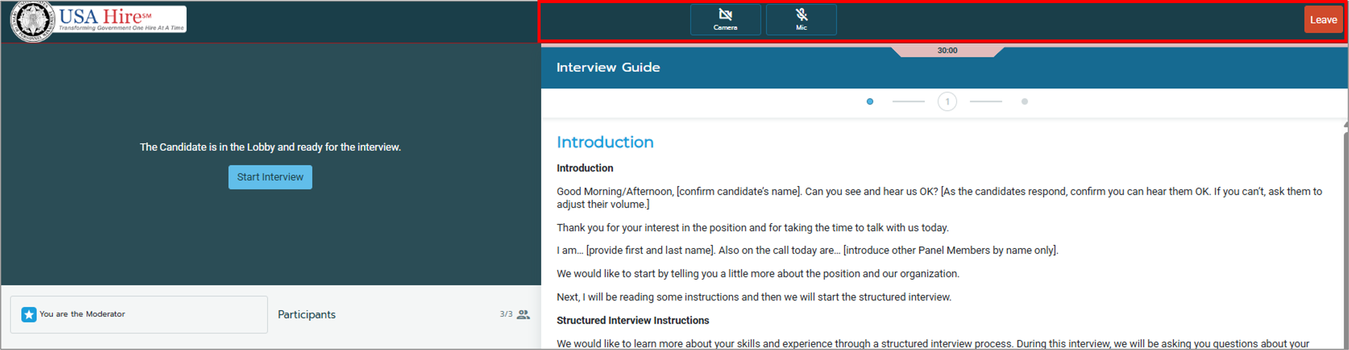 Screenshot of the live interview interface highlighting the Control Panel