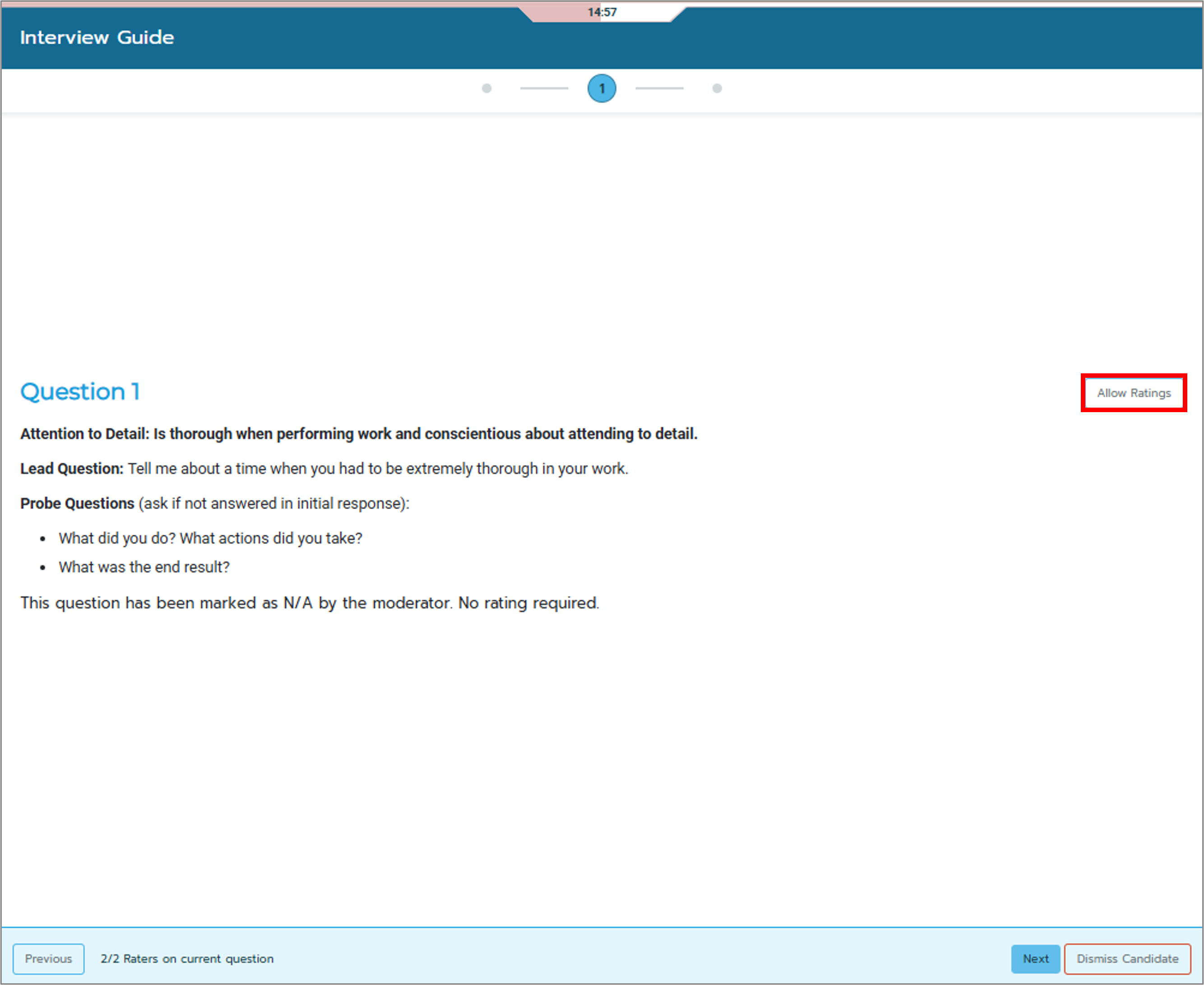 Screenshot of the live interview interface highlighting the Allow Ratings button