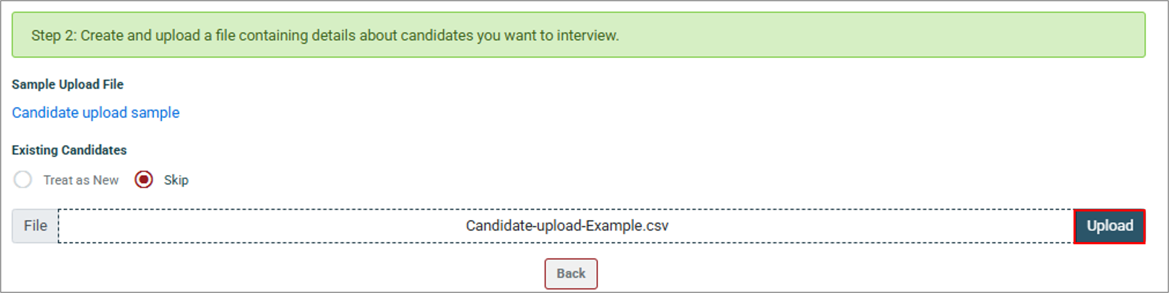 Screenshot of the candidate upload page highlighting the upload button