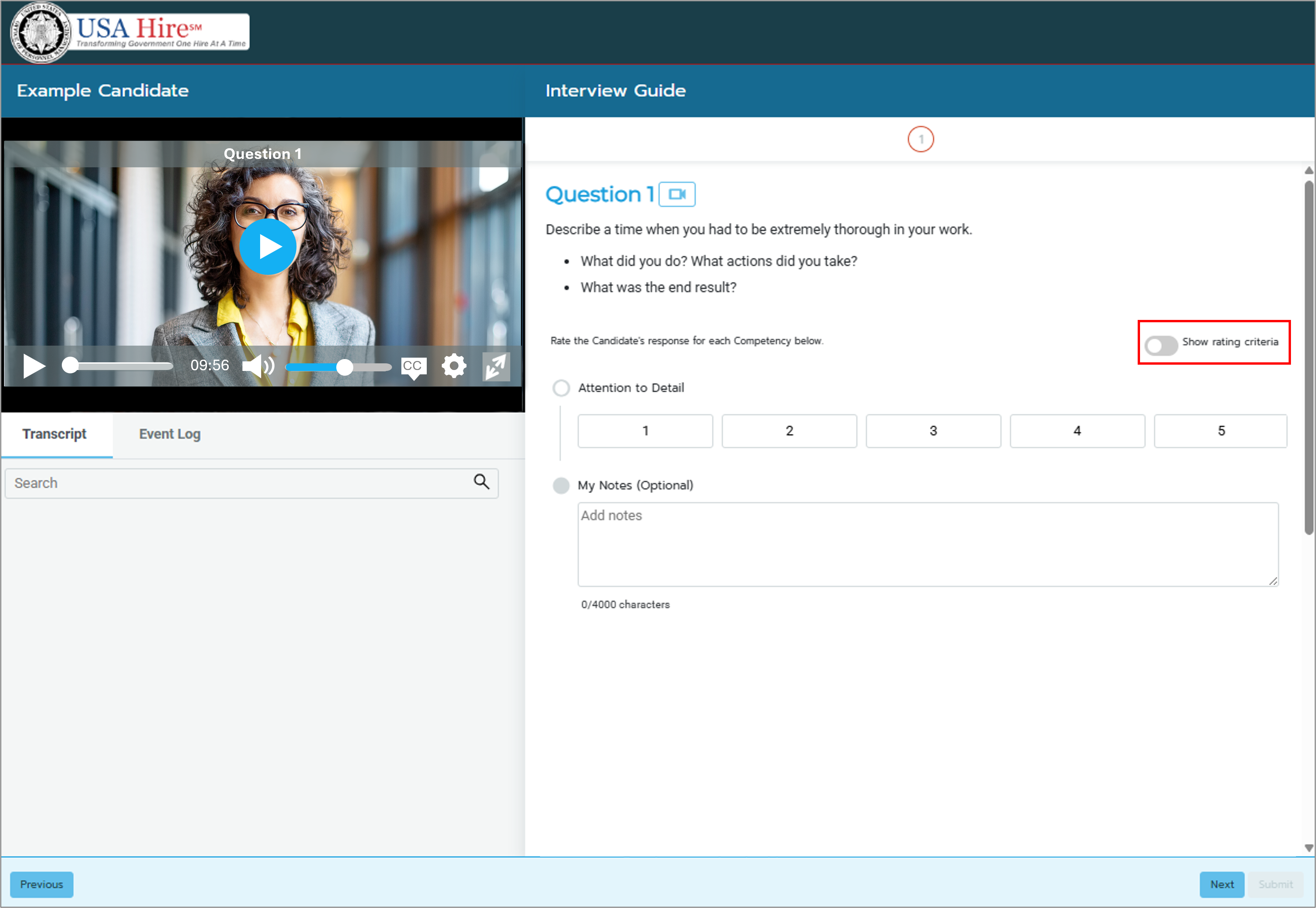 Screenshot of the candidate recording panel highlighting the Show Rtaing Criteria toggle