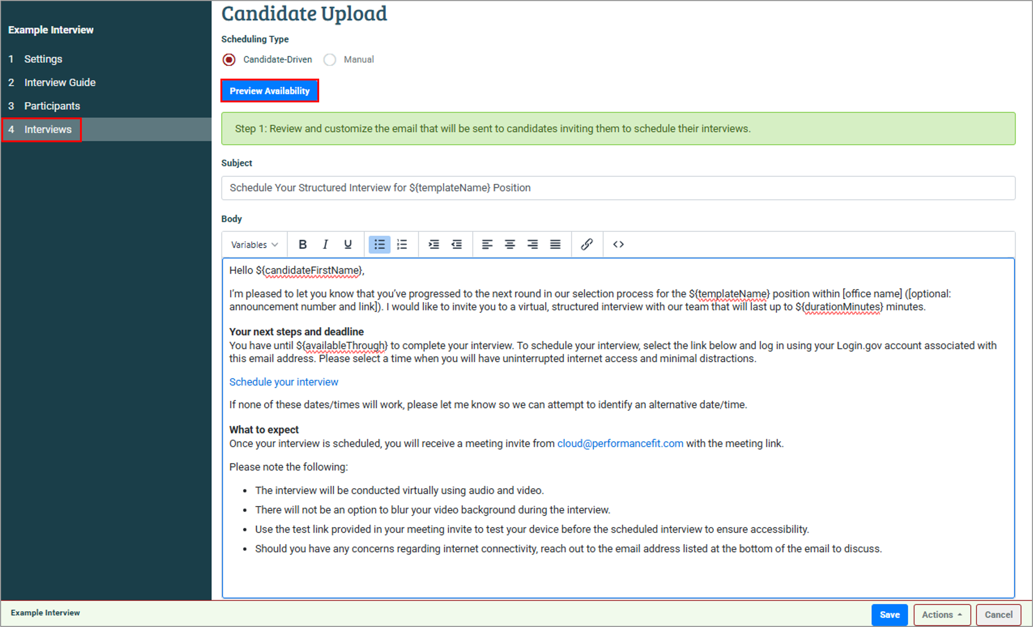 Screenshot of the Candidate Upload page highlighting the Candidate Driven Scheduling type.