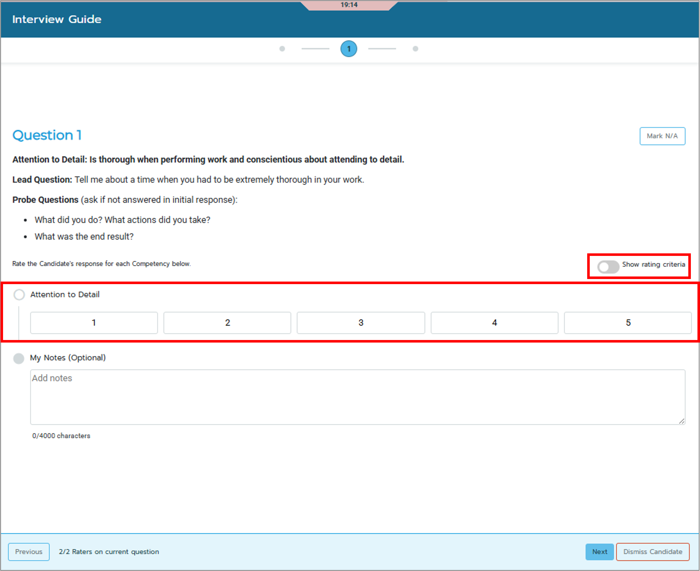 Screenshot of the live interview interface highlighting the Rating Scale and Show Rating Criteria toggle