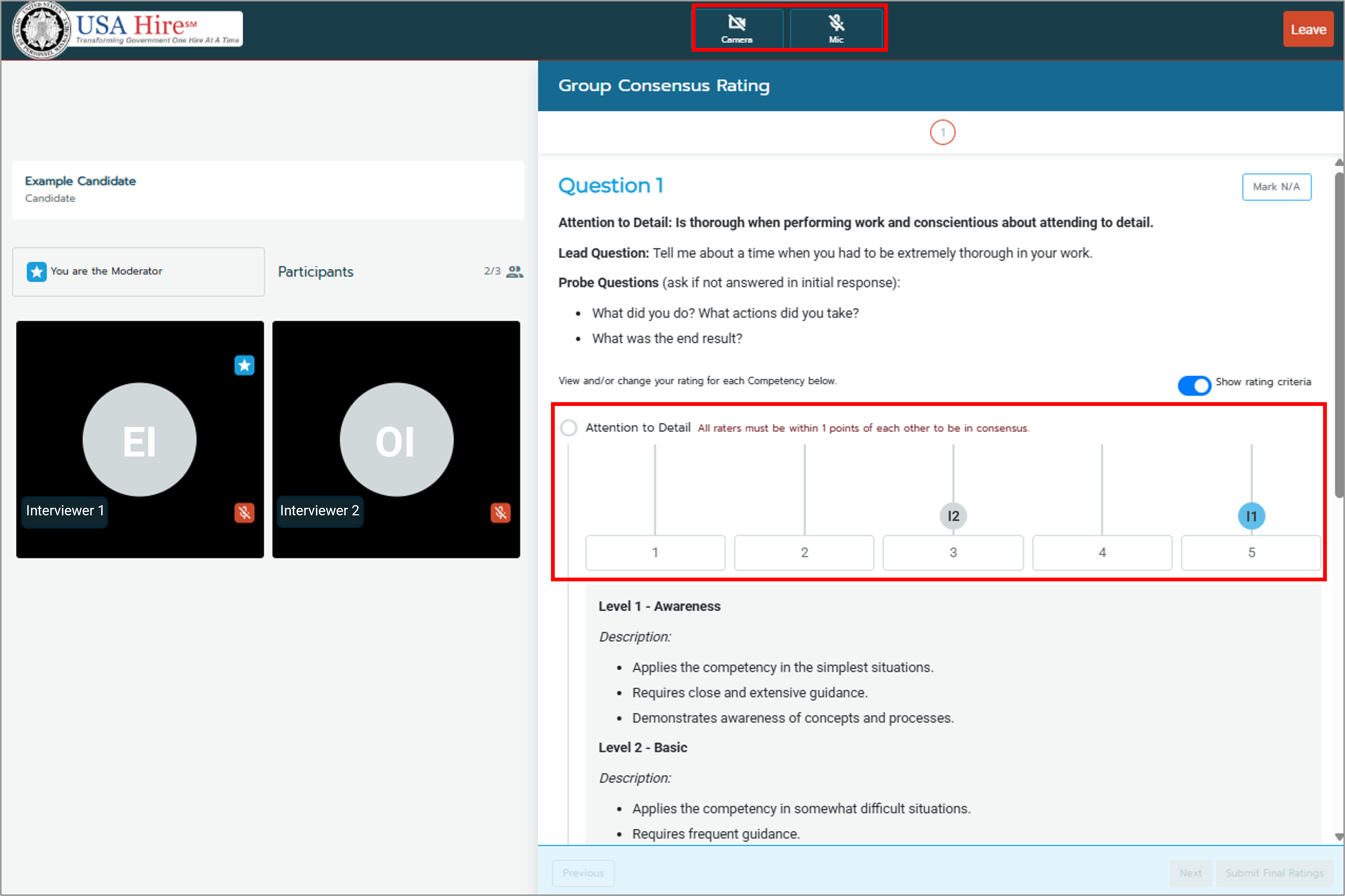 Screenshot of the Group Consensus page highlighting the microphone and camera buttons and the rating section.