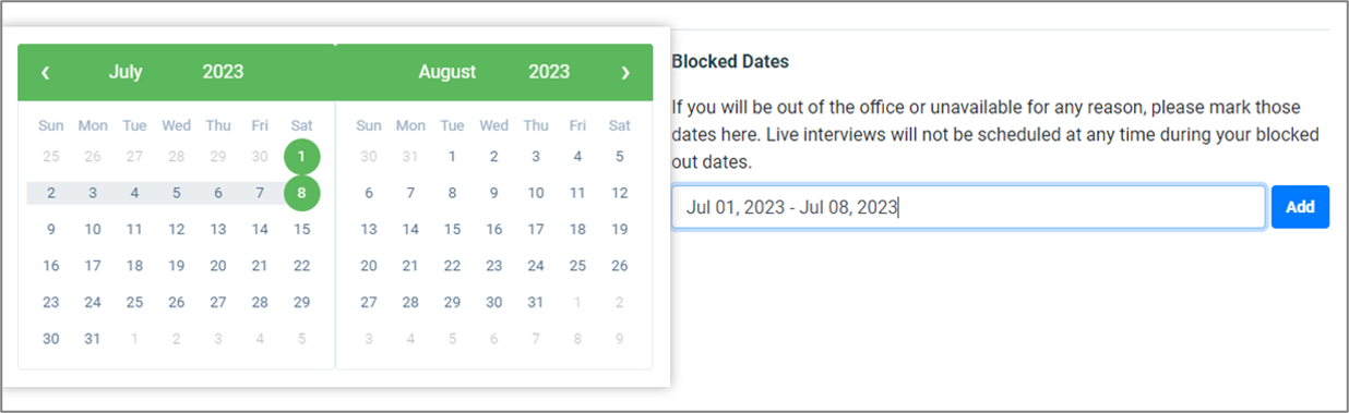 Screenshot of the Interviewer Detail page highlighting the Blocked Dates calendar.