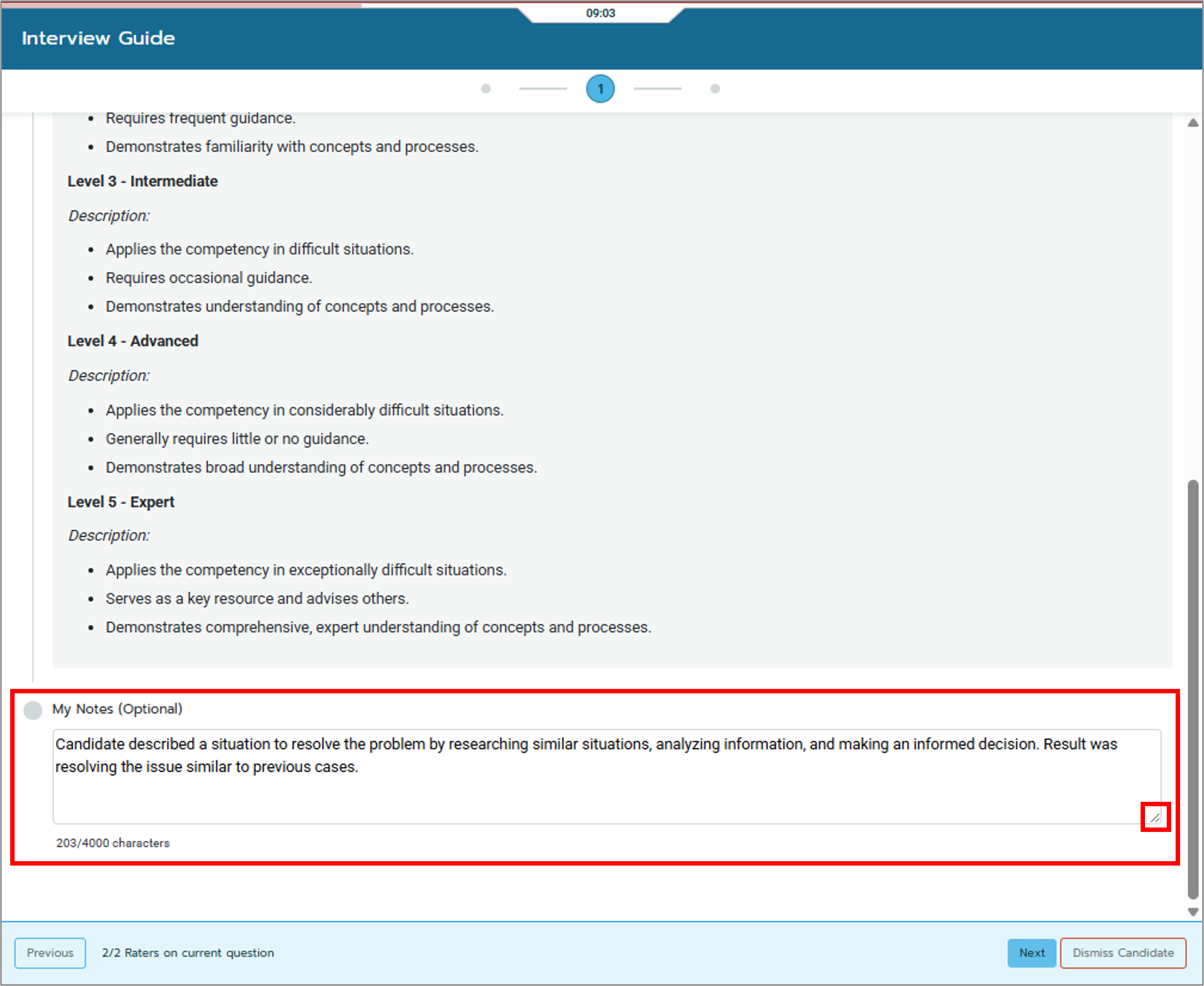 Screenshot of the Interview Interface highlighting how to expand the Notes section