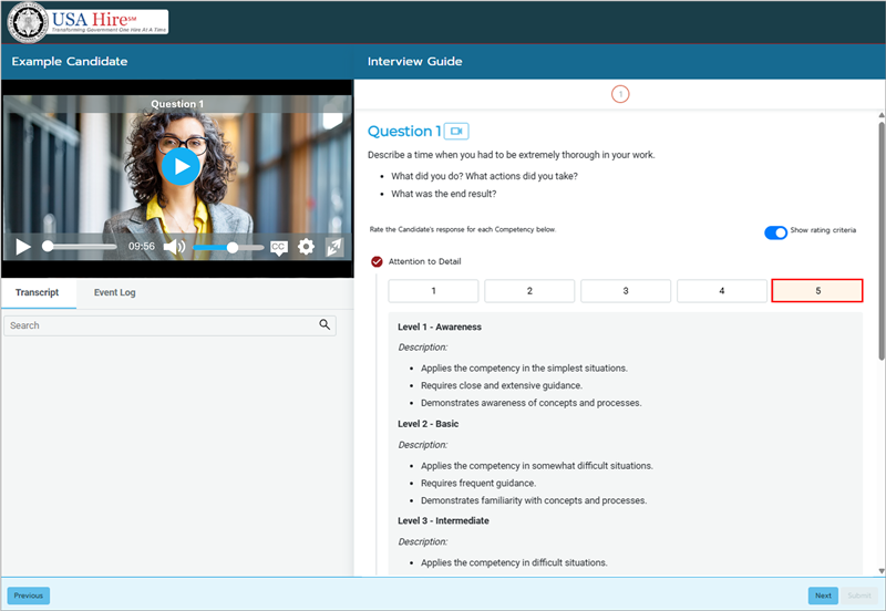 Screenshot of the candidate recording panel highlighting assigning a rating
