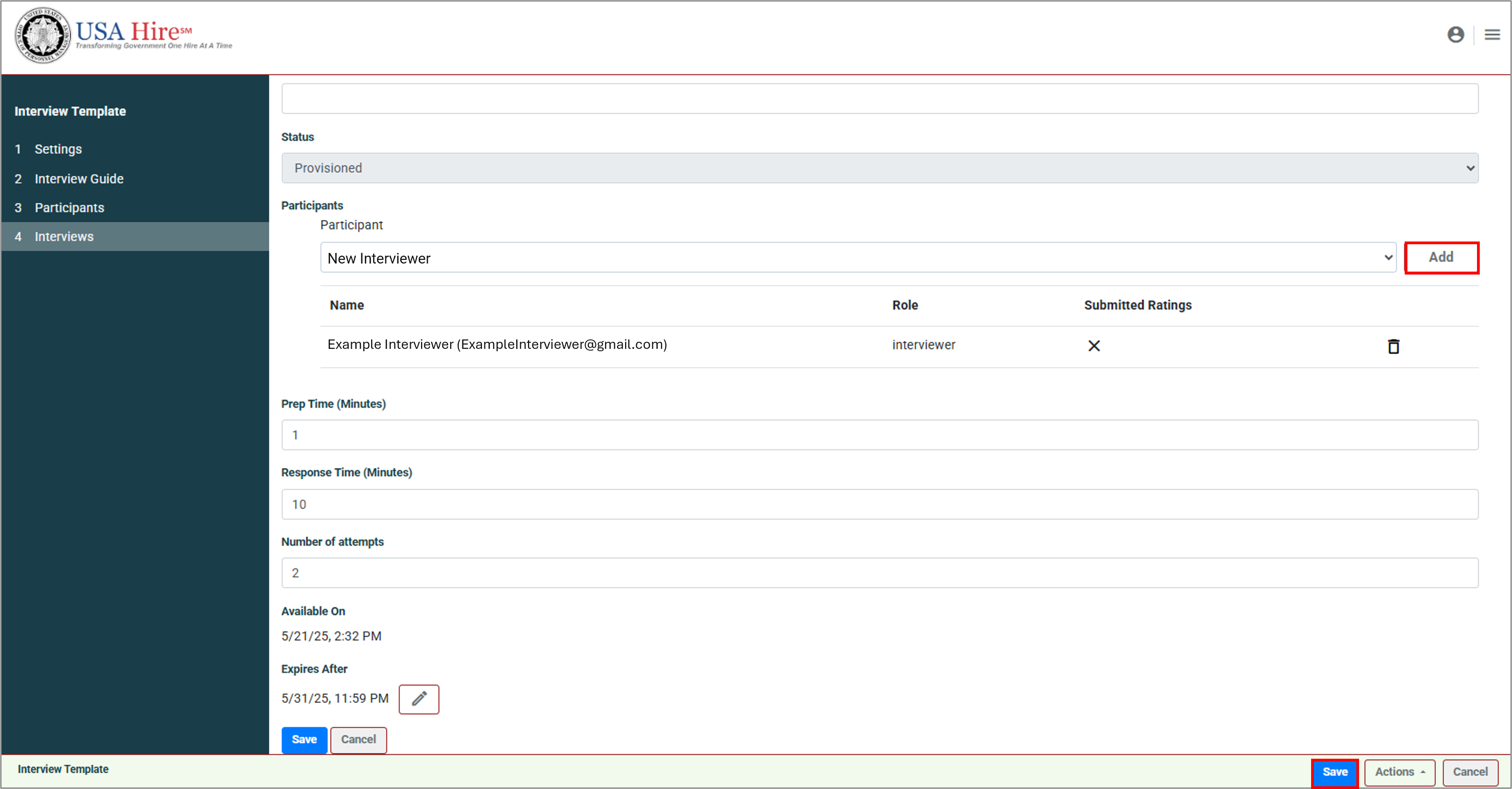 Screenshot of the Interviews tab highlighting how to add Raters to a single interview.