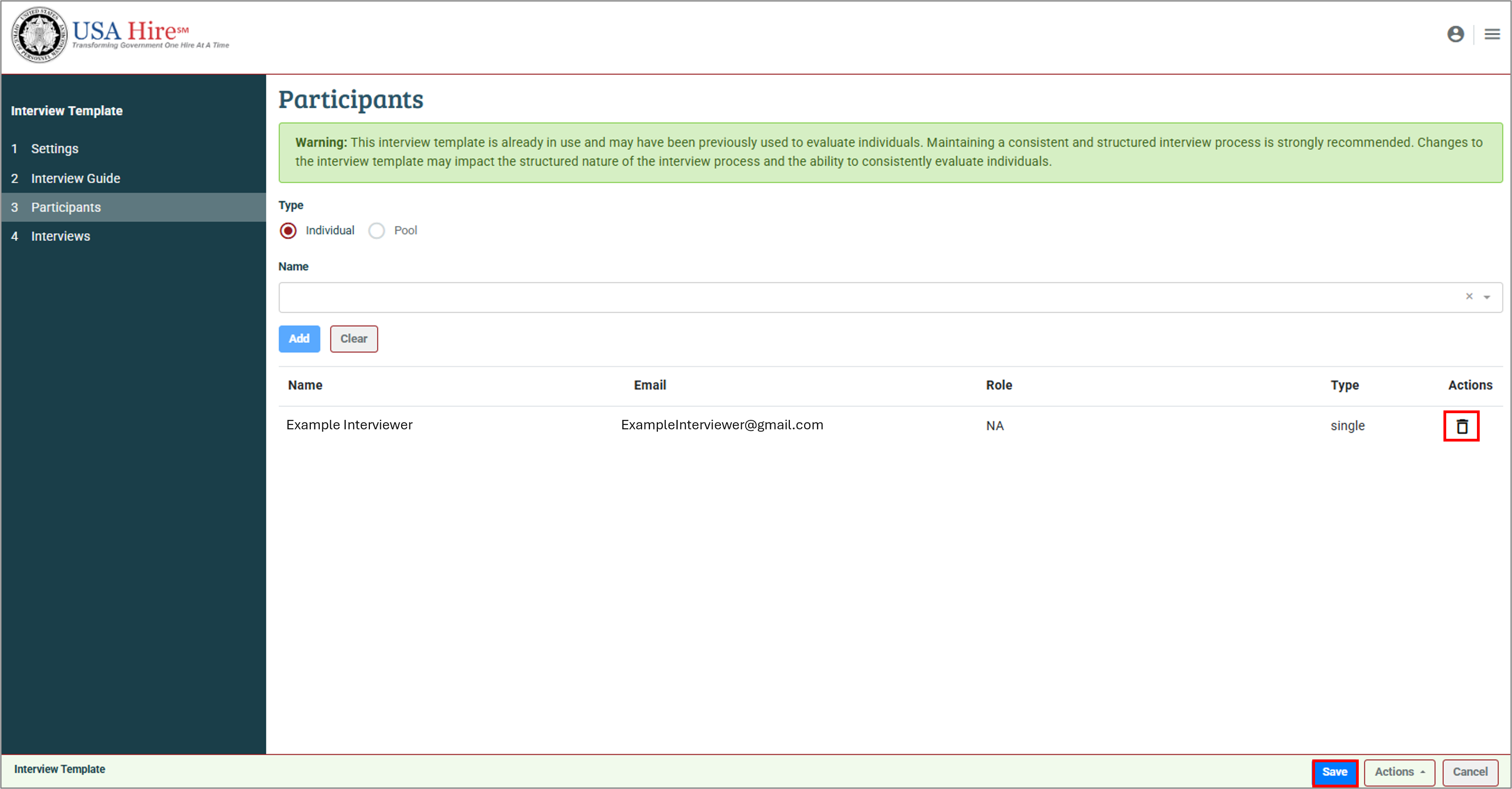 Screenshot of the Interviews tab highlighting how to remove Raters from all future interviews.