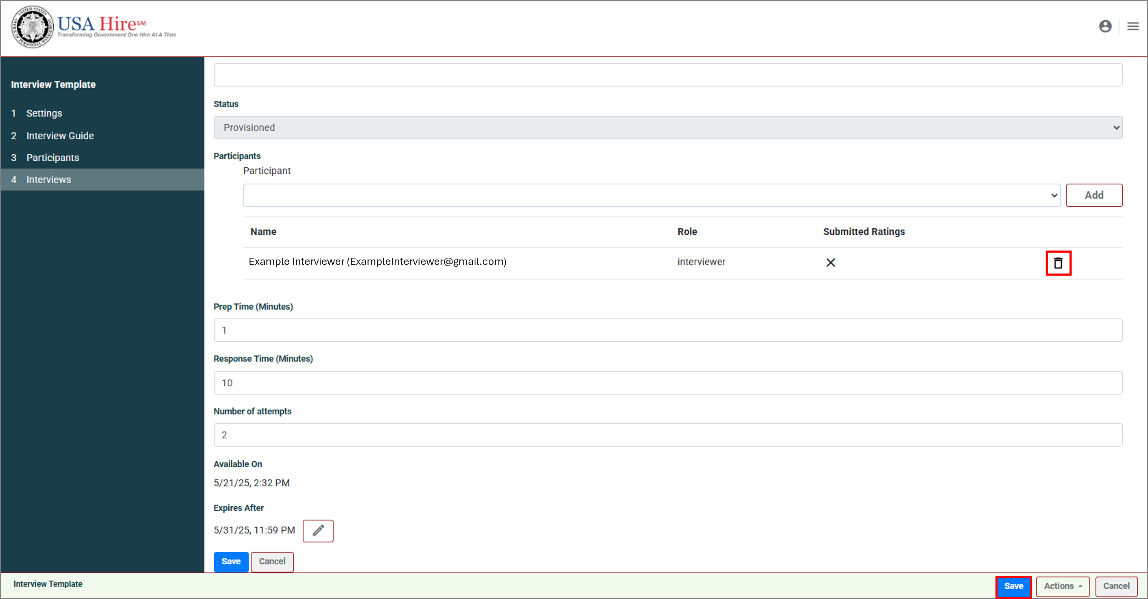 Screenshot of the Interviews tab highlighting how to remove Raters from a single interview.