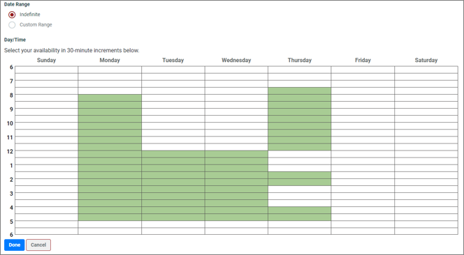 Screenshot of the Interviewer Detail page highlighting the Indefinite Date Range field.
