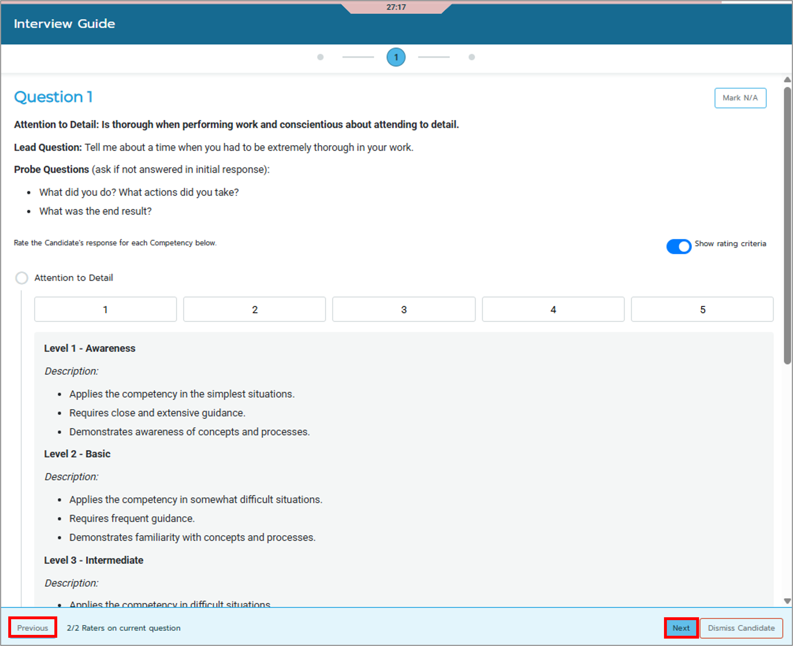 Screenshot of the live interview interface highlighting the Next and Previous Buttons