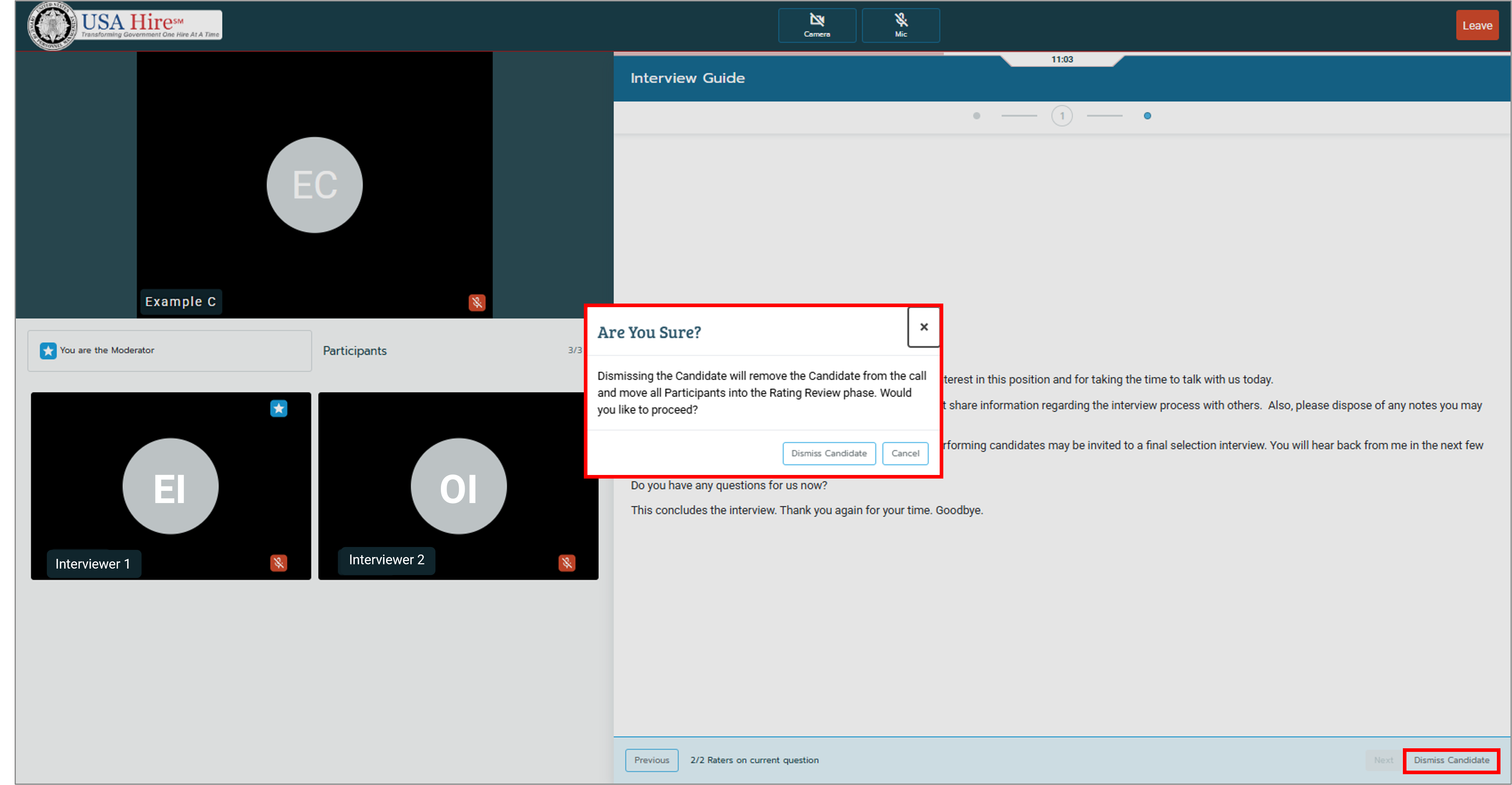 Screenshot of the live interview interface highlighting how to dismiss a candidate