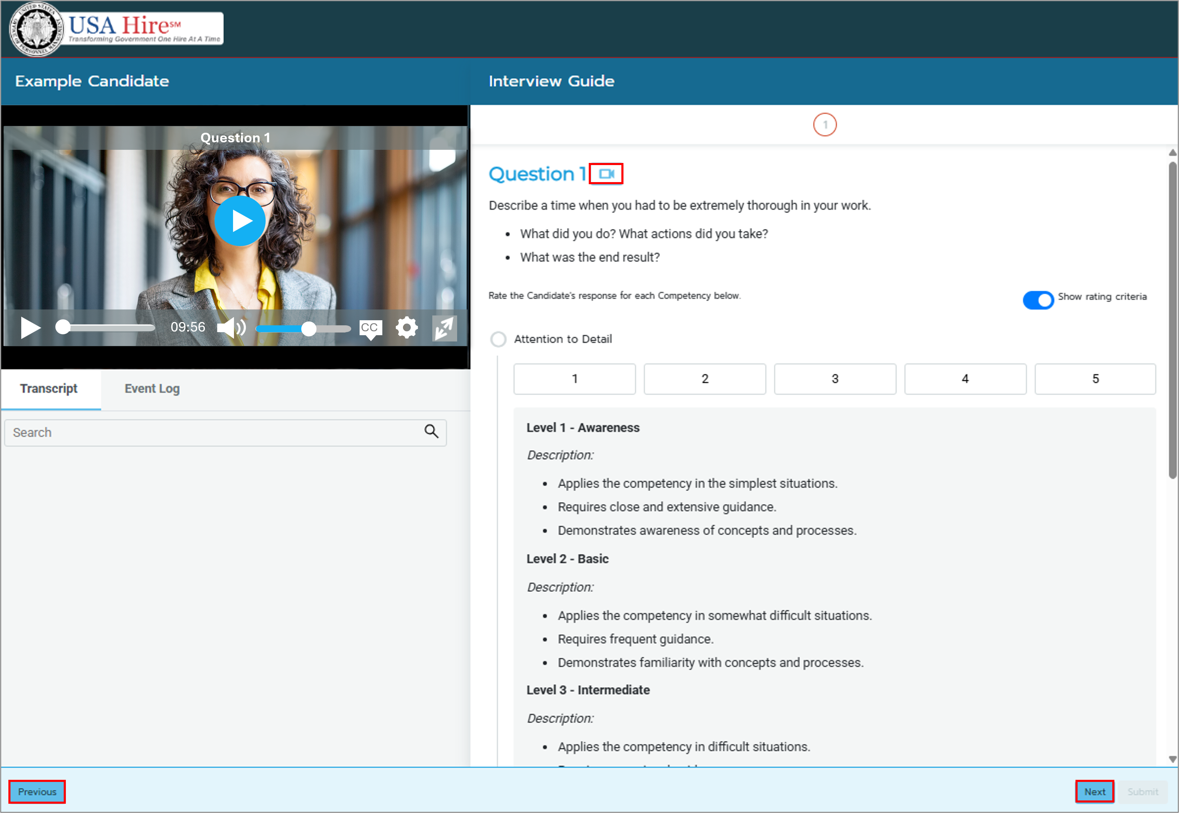 Screenshot of the candidate recording panel highlighting the Previous button, Next button, and Video icon