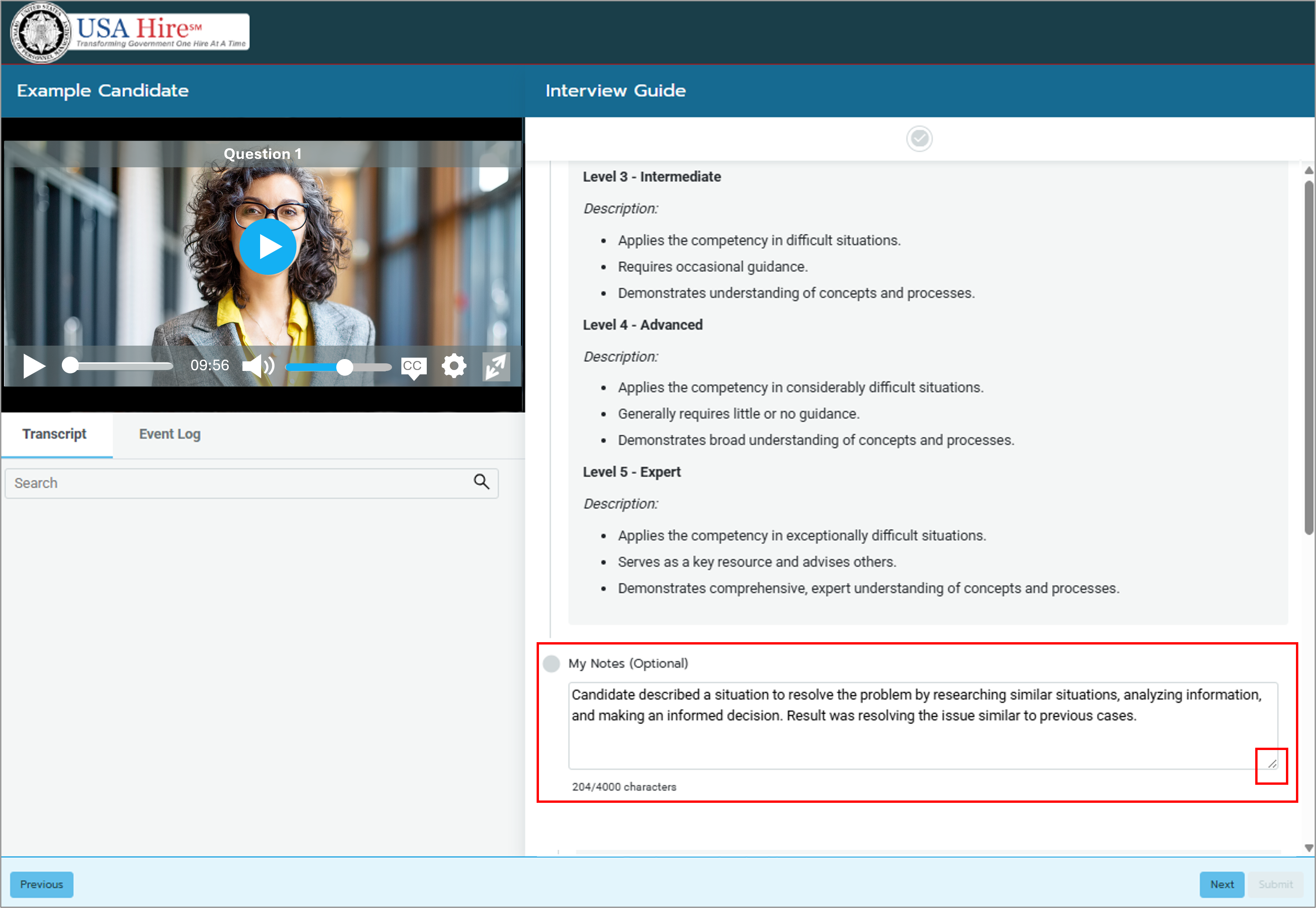 Screenshot of the candidate recording panel highlighting the notes section and how to change the size of the notes box