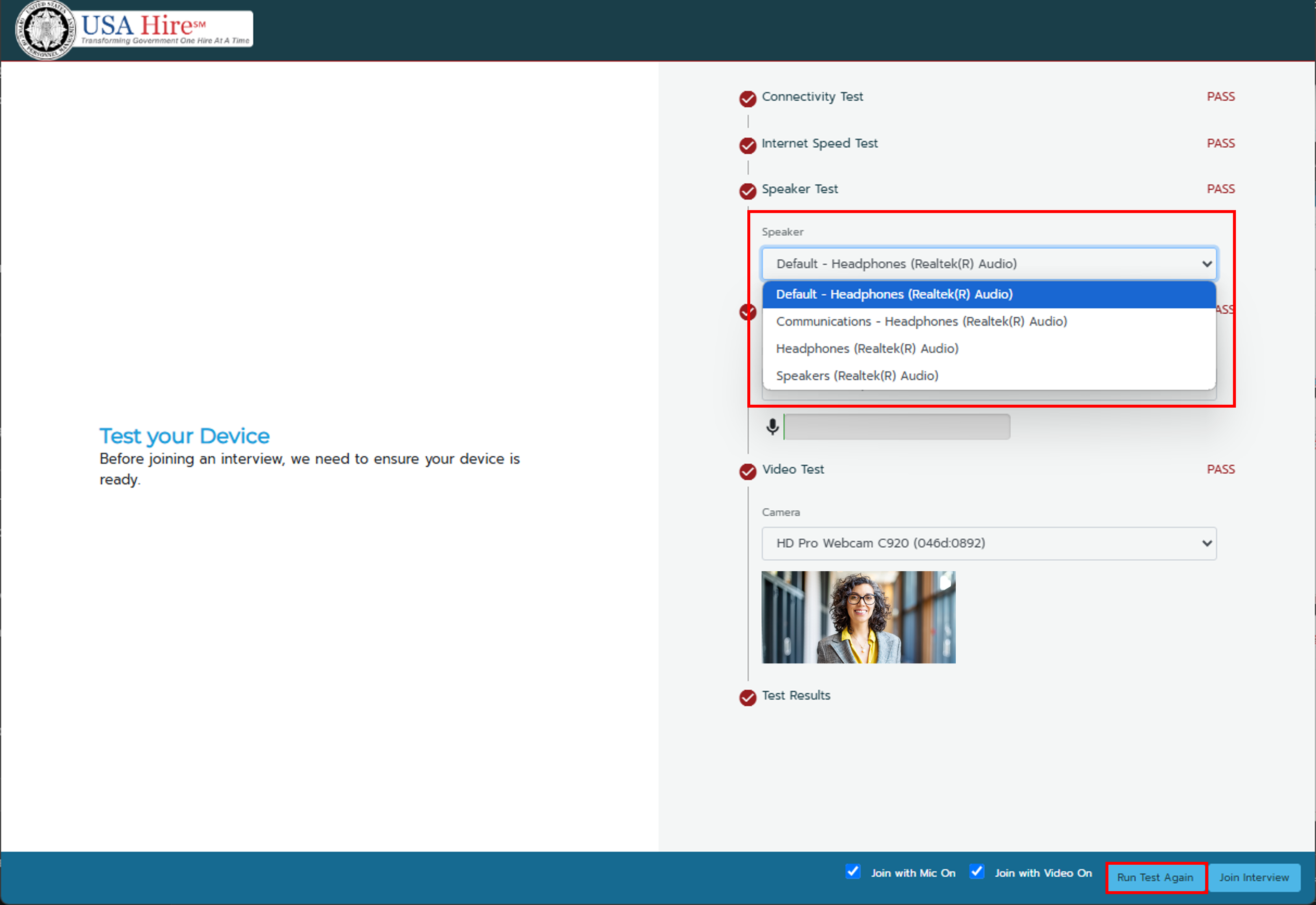 Screen shot of the device check page highlighting selecting a new audio device and running a test again