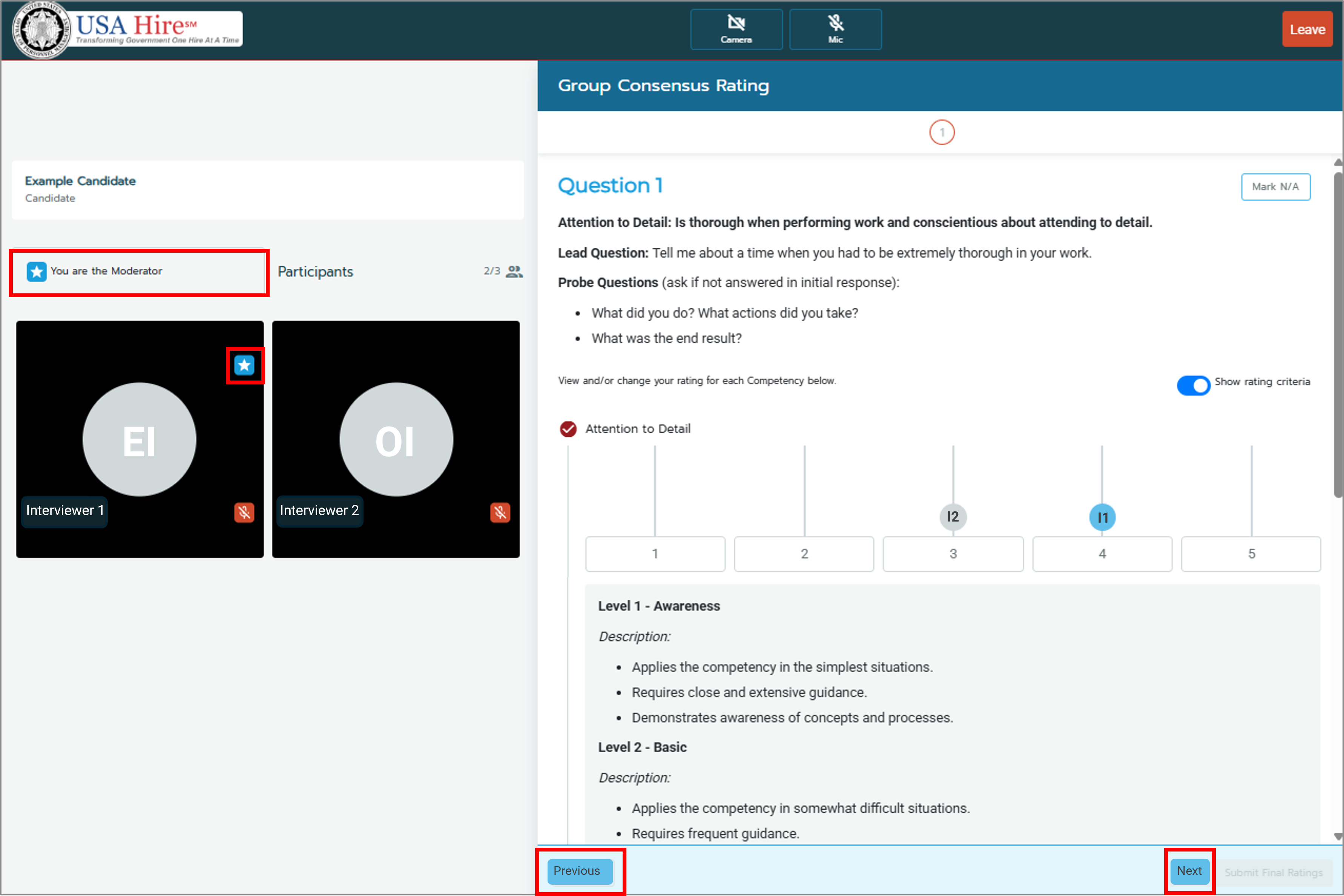 Screenshot of the Consensus Interface highlighting the Moderator Functionality and the Previous and Next buttons