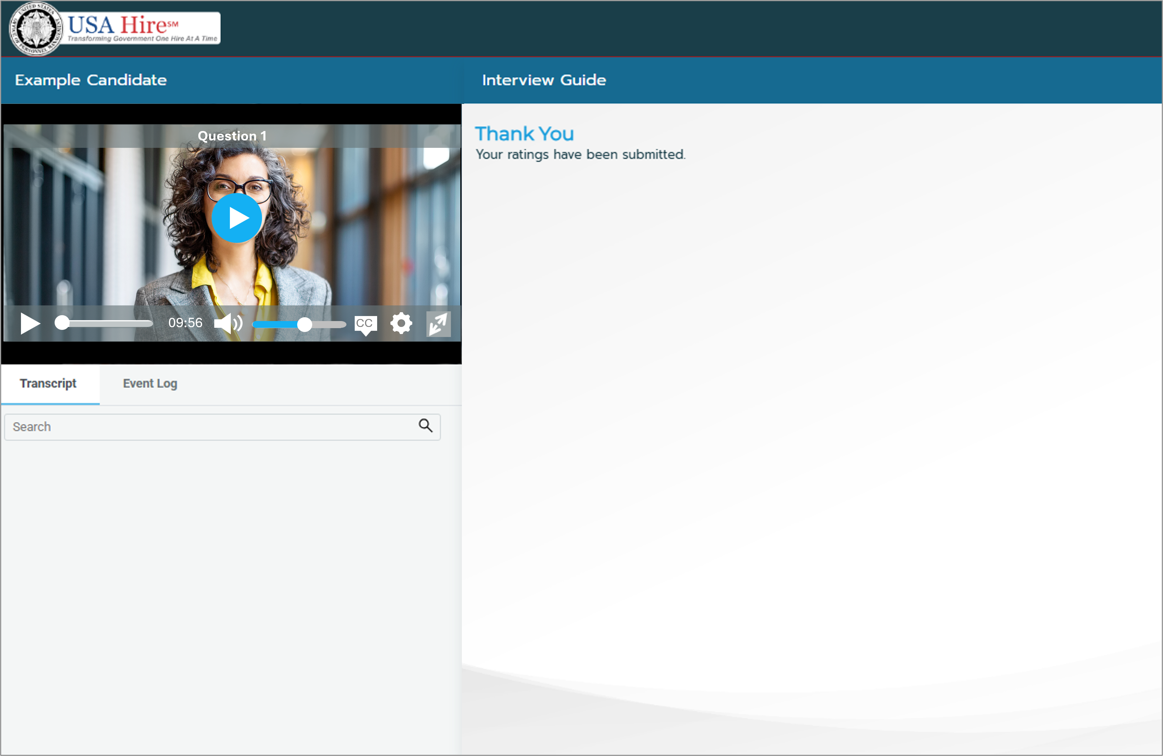 Screenshot of the candidate recording panel showing the rating confirmation message
