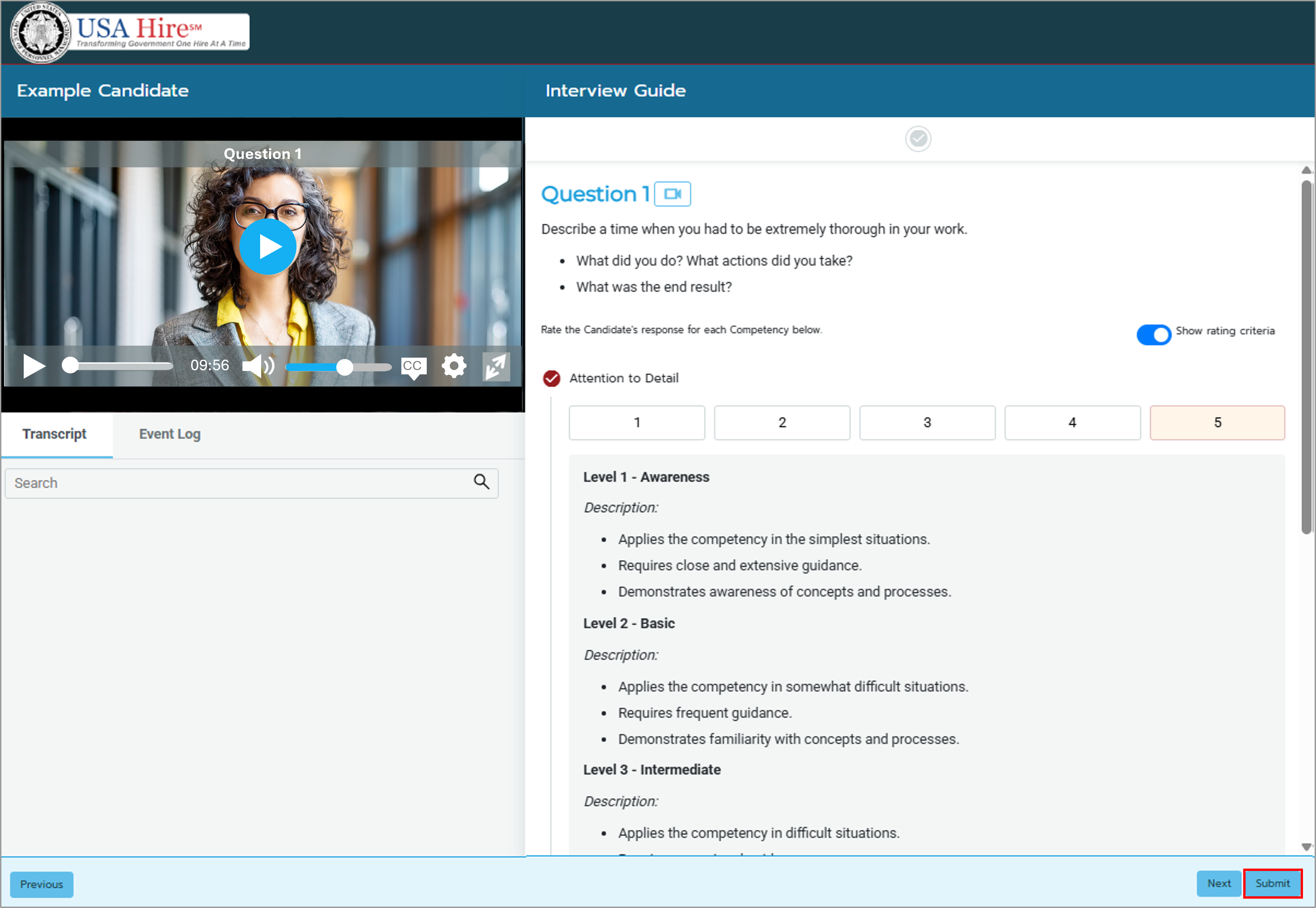 Screenshot of the candidate recording panel highlighting the Submit Ratings button